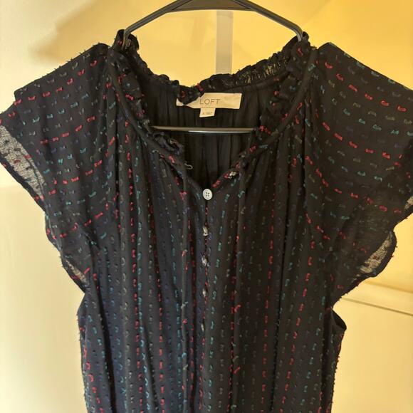 Loft EUC Women's Black Flutter Sleeve Blue Red Swiss Dot A-Line Dress Size S - Picture 3 of 10